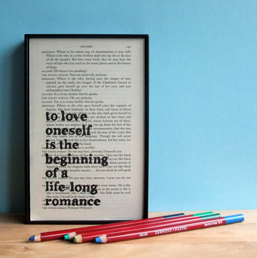 Oscar Wilde Quote Love Oneself Framed Art on upcycled book page