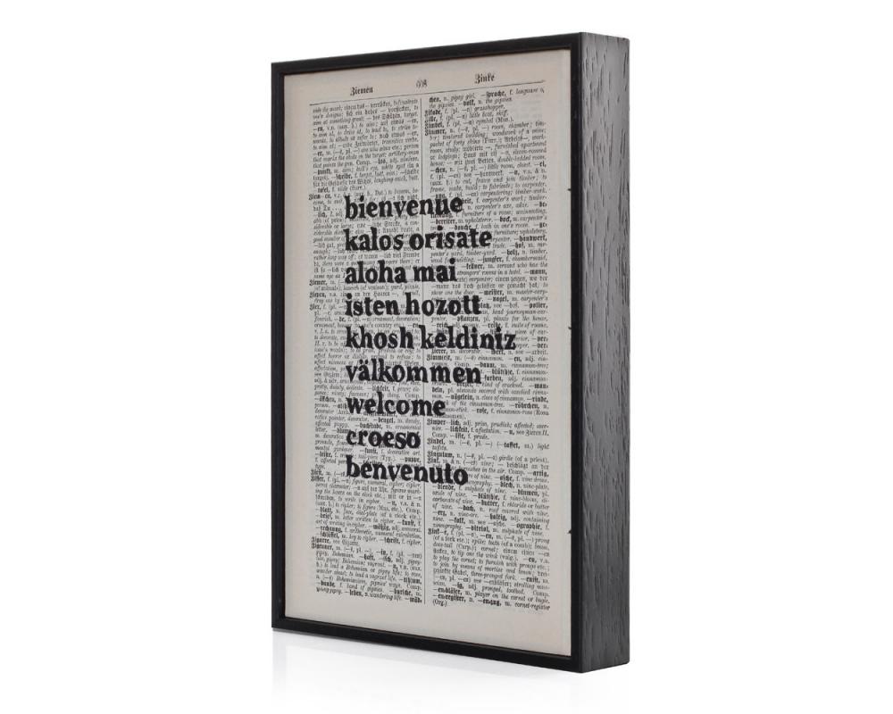 Typographic Altered book art 'Bienvenue' on framed vintage book page