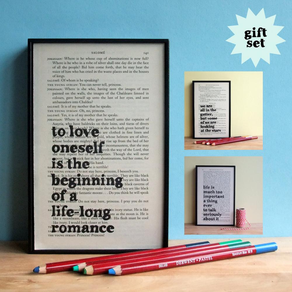 Oscar Wilde Inspirational Quote Gift Set Framed Artwork on upcycled book page